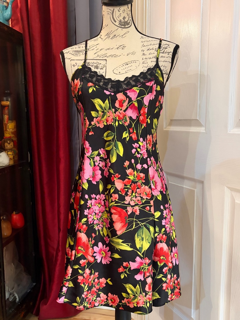 Vintage Y2K Private Treasures Floral Satin Slip Dress with Lace Trim